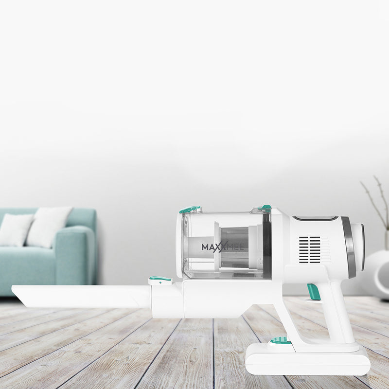 MAXXMEE Akku-Zyklon-Staubsauger mit Schmutzgraderkennung, kabellos, beutellos, weiß/grün, für effizientes und intelligentes Reinigen.