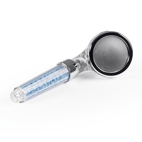 EASYmaxx Duschkopf mit Mineralkugeln transparent/chrom, 8cm, Outdoor-Adapter, Mikrodüsen-Technologie für effizientes Duschen.