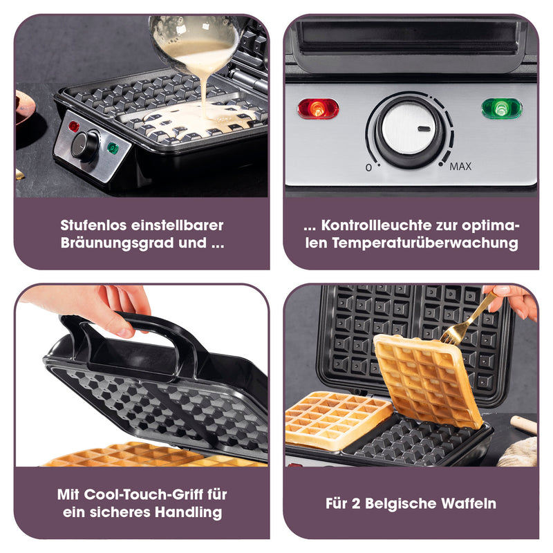 GOURMETmaxx Waffeleisen für Belgische Waffeln mit stufenlos einstellbarem Bräunungsgrad, Cool-Touch-Griff und Antihaftbeschichtung.