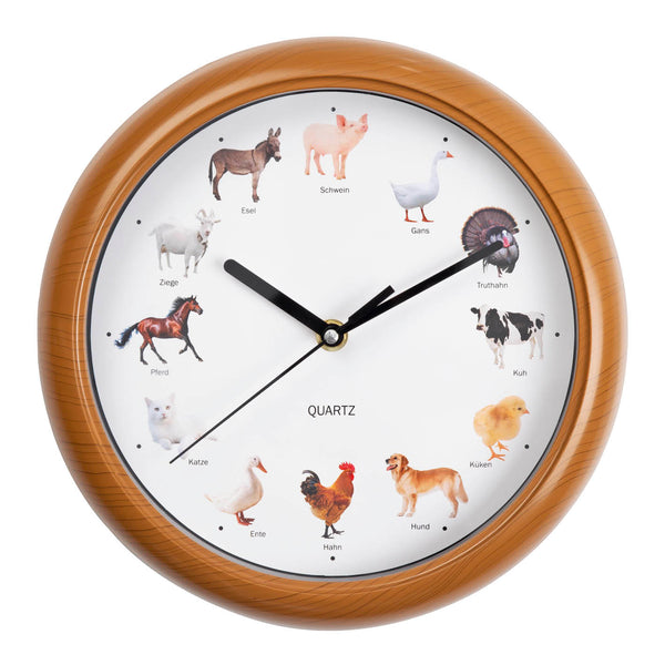 EASYmaxx Wanduhr (25cm) mit Stimmen - Bauernhoftiere mit Tiermotiven und 12 Naturstimmen, automatische Nachtabschaltung.