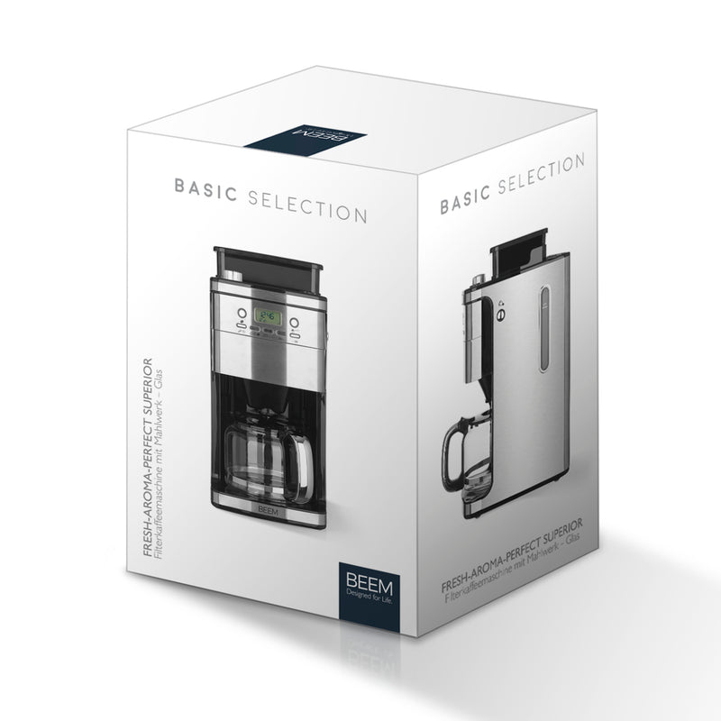 BEEM FRESH-AROMA-PERFECT SUPERIOR Filterkaffeemaschine mit Mahlwerk, 1,5 l Glaskanne und 28-stufiger Mahlgradeinstellung.