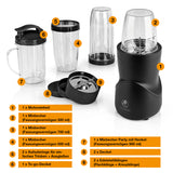 KOCHWERK Multifunktions-Mixer Schwarz mit Motor, drei Mixbechern, To-go-Deckel und Edelstahlklingen für vielseitige Zubereitungen.