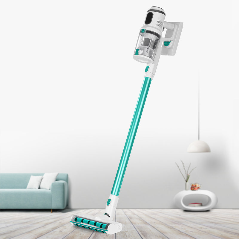 MAXXMEE Akku-Zyklon-Staubsauger mit Schmutzgraderkennung weiß/grün, kabellos, beutellos, mit LED-Beleuchtung und langer Akkulaufzeit.