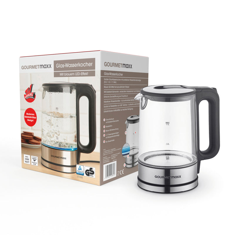 GOURMETmaxx Glas-Wasserkocher LED 1,7l  - Edelstahl/schwarz