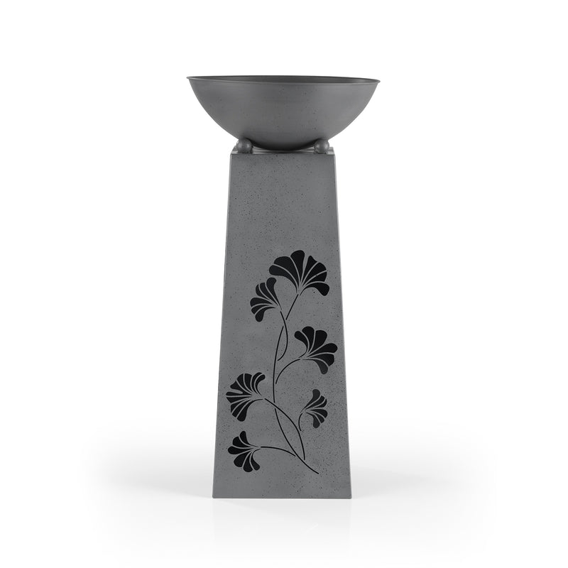 EASYmaxx LED-Dekosäule mit Pflanzschale grau, Beton-Optik mit Gingko-Design und warmweiß leuchtenden LEDs.