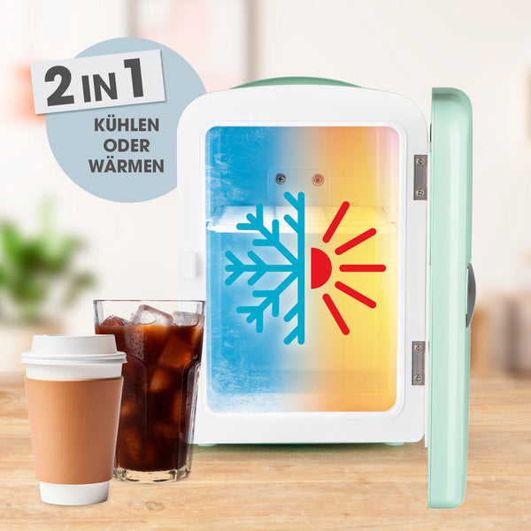 GOURMETmaxx Mini-Kühlschrank Retro Mint mit 2in1 Funktion zum Kühlen bis -20°C und Wärmen bis 50°C, ideal für unterwegs.