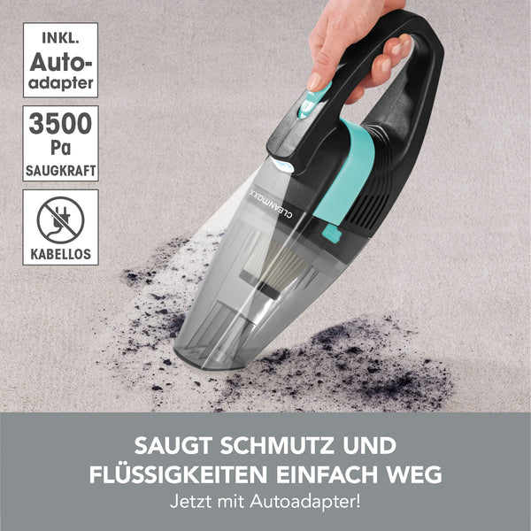 CLEANmaxx Akku-Handstaubsauger mit Autoadapter türkis/grau saugt kabellos Schmutz und Flüssigkeiten mit 3500 Pa Saugkraft