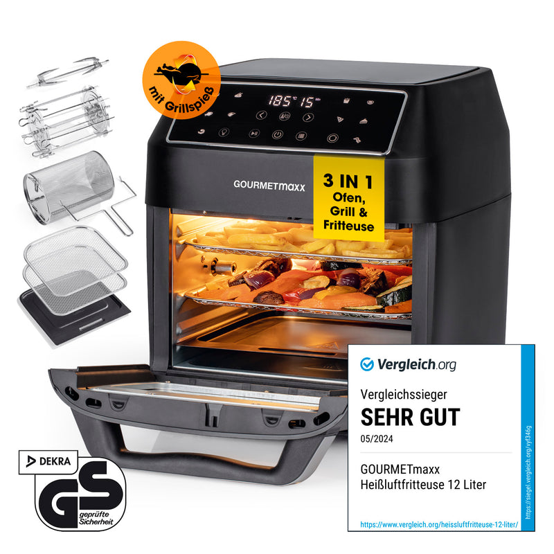 GOURMETmaxx Heißluft-Ofen Digital 12l Schwarz mit 3-in-1 Funktion für Ofen, Grill & Fritteuse und digitalem Touchdisplay.