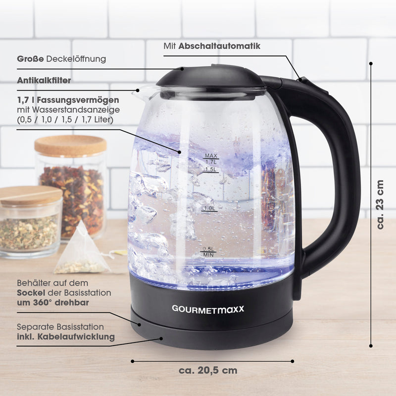 GOURMETmaxx Glas-Wasserkocher 1,7 l schwarz, 360° drehbar, Abschaltautomatik, Wasserstandsanzeige, LED-Beleuchtung, Kabellos.