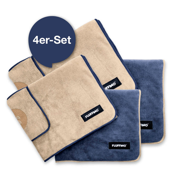 FLUFFINO® Hundehandtuch Mikrofaser 4er-Pack in Beige & Blau, extra saugfähig, schnell trocknend für kleine und mittelgroße Hunde.