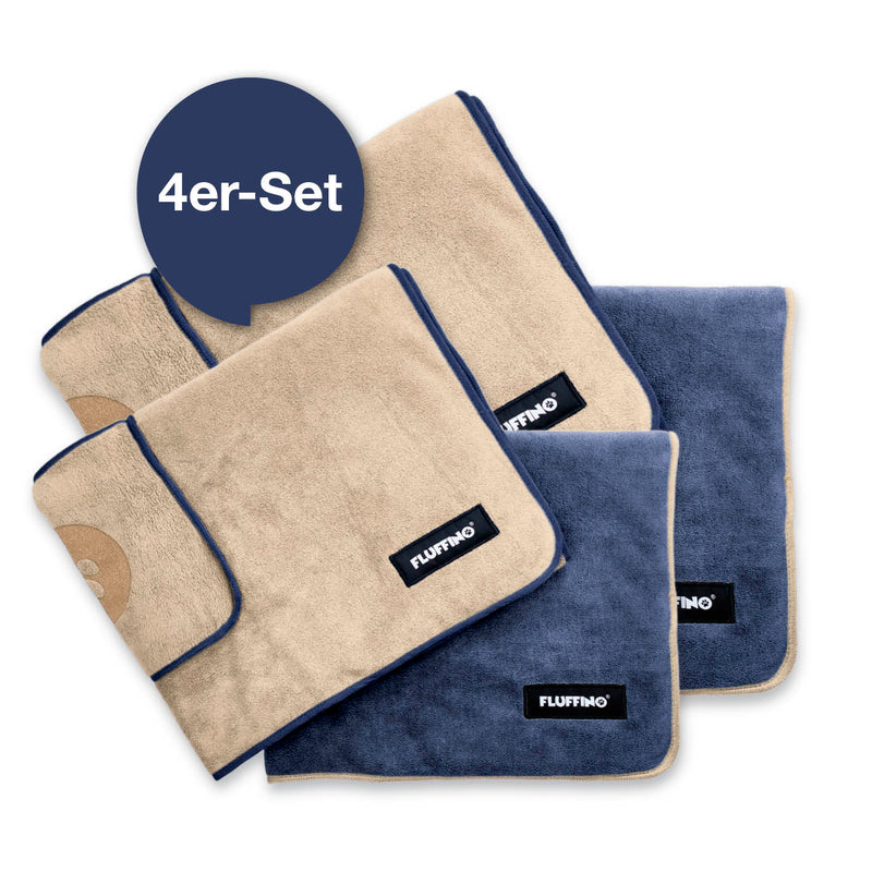 FLUFFINO® Hundehandtuch Mikrofaser – 4er-Pack (2x 90 x 50 cm + 2x 120 x 70 cm) - Beige & Blau