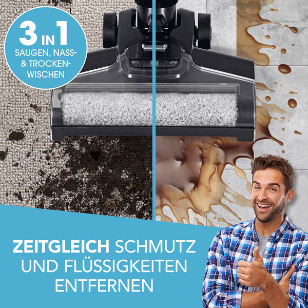 CLEANmaxx Multi-Bodenreiniger + Teppichshampoo saugt, wischt nass & trocken Teppiche und Hartböden in einem Arbeitsgang.