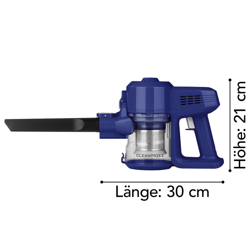 CLEANmaxx Akku-Zyklon-Staubsauger blau/silber kabelloser Handstaubsauger mit Fugendüse, Maße 30x21 cm, beutellose Zyklontechnologie
