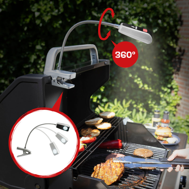 LANDMANN LED-Grilllampe mit flexiblem Schwanenhals und Clipbefestigung für optimale Ausleuchtung beim Grillen bei Dunkelheit.