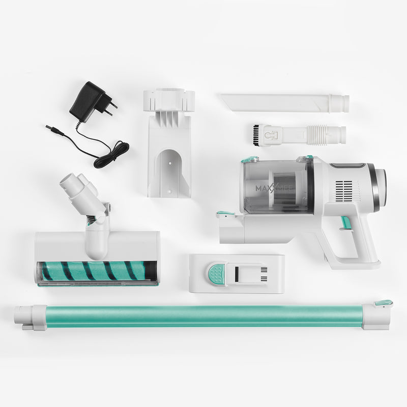 MAXXMEE Akku-Zyklon-Staubsauger mit Schmutzgraderkennung Weiß/Grün mit Zubehör und langen Akkulaufzeit für kabelloses Staubsaugen.