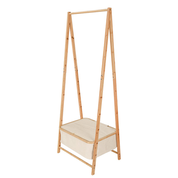 LUMALAND Kleiderständer aus Bambus 159x60x45 cm in Beige, stabil mit Ablagefach, für Jacken und Schuhe, modernes Naturdesign.