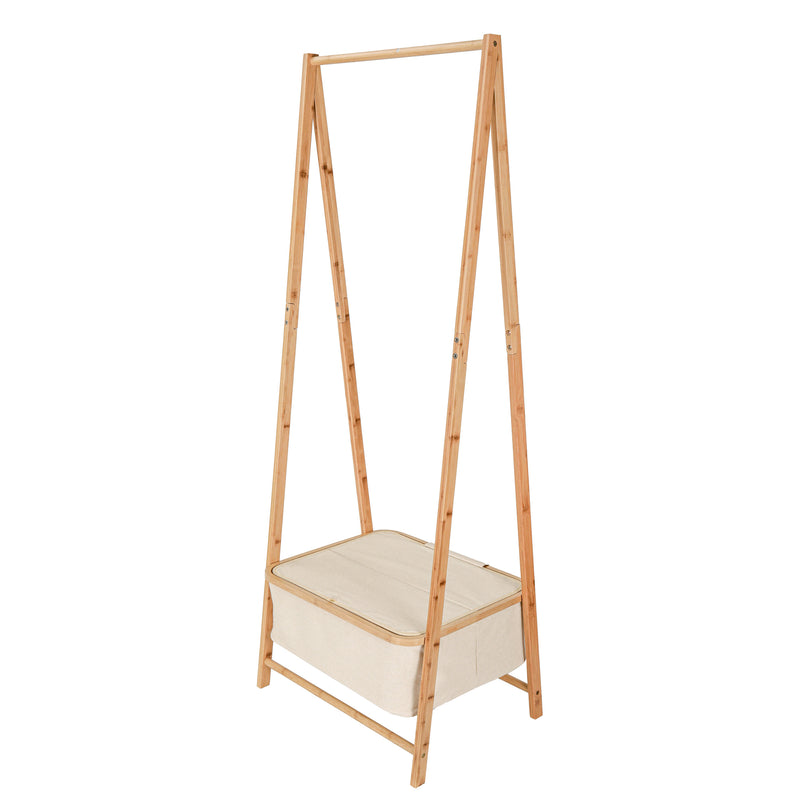 LUMALAND Kleiderständer aus Bambus 159x60x45 cm in Beige, stabil mit Ablagefach, für Jacken und Schuhe, modernes Naturdesign.