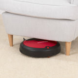 CLEANmaxx Saugroboter 2in1 in Rot-Schwarz reinigt selbst unter Möbeln mit sensorgesteuerter Navigation und Wischfunktion.