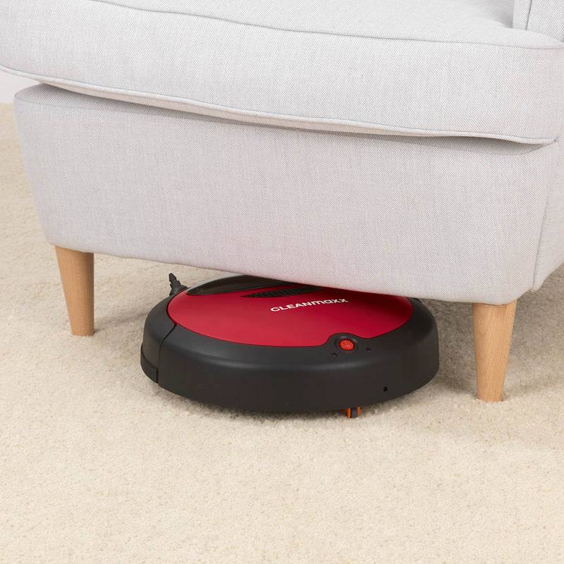 CLEANmaxx Saugroboter 2in1 in Rot-Schwarz reinigt selbst unter Möbeln mit sensorgesteuerter Navigation und Wischfunktion.