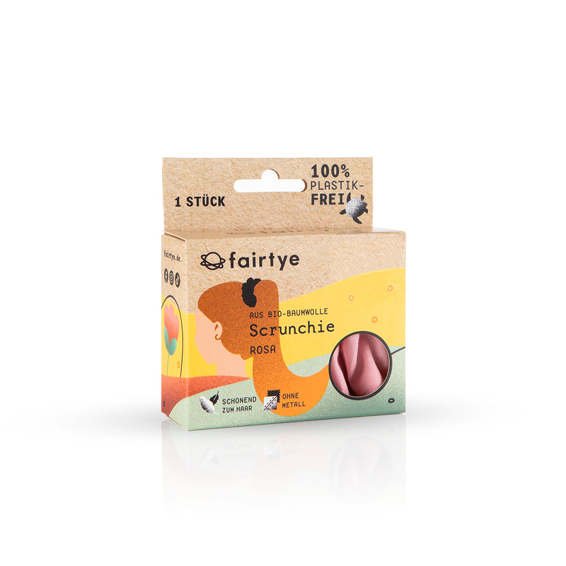 fairtye Scrunchie - rosa aus Bio-Baumwolle, ohne Metall, elastisch, dehnbar, nachhaltig und plastikfrei für starken Halt bei Frisuren.