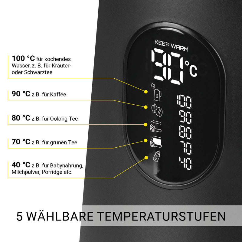 N8WERK Digitaler Wasserkocher mit Temperatureinstellung Midnight Black Edition zeigt fünf wählbare Temperaturstufen von 40 bis 100 °C.