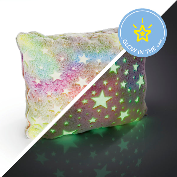 MAXXMEE Verwandlungskissen Glow in the dark Reisekissen Kinder Kissen Kopfkissen Fleecedecke 2in1 mit leuchtenden Sternen in buntem Design