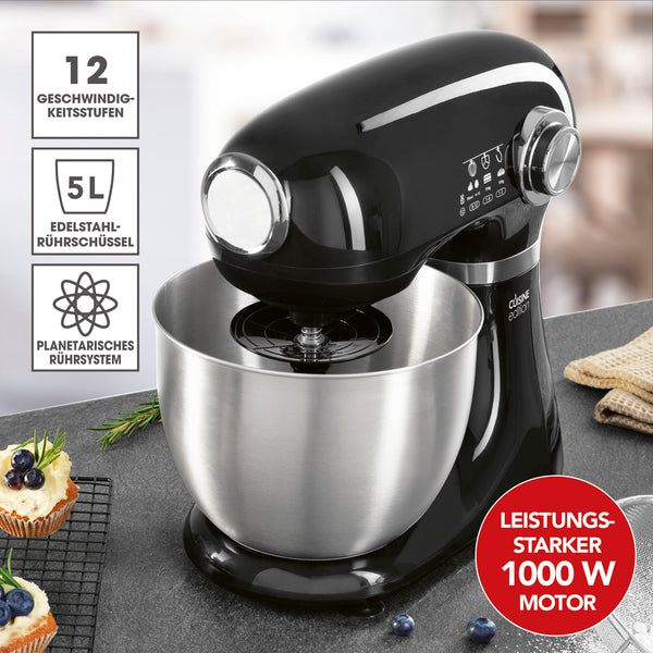 Cuisine Edition Küchenmaschine - Schwarz mit 1000W Motor, 12 Geschwindigkeitsstufen, planetarischem Rührsystem und 5L Edelstahlschüssel.