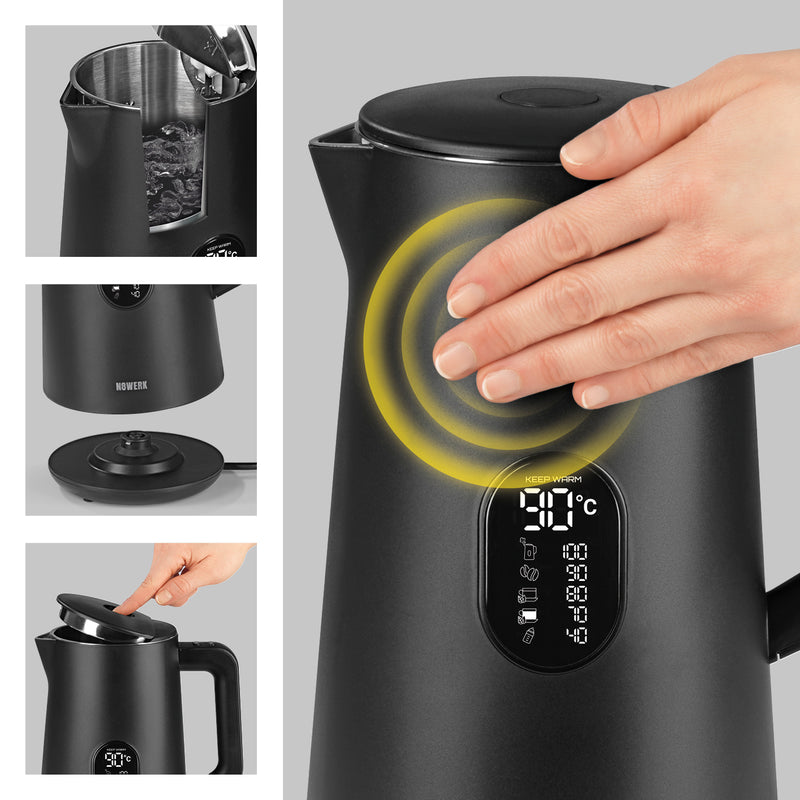 N8WERK Digitaler Wasserkocher mit Temperatureinstellung Midnight Black Edition, Edelstahl, 5 Stufen, Echtzeit-Display, 7 Tassen Fassungsvermögen.