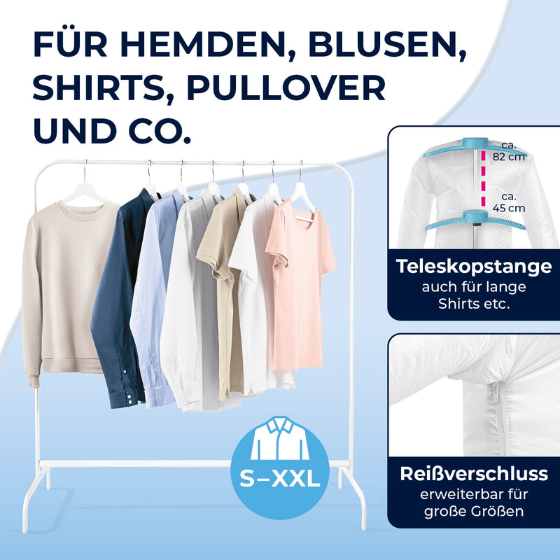 CLEANmaxx Hemdenbügler PRO für Oberbekleidung in Blau mit Teleskopstange und Reißverschluss für S bis XXL Größen.