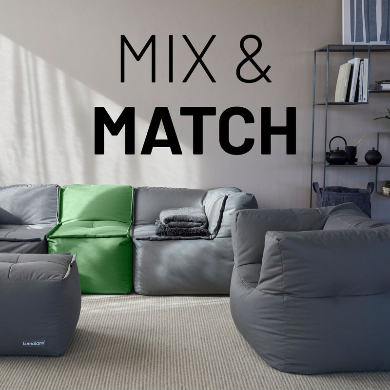 LUMALAND Sitzsack-Sofa Ecke in Pastell Grün, modulare Elemente, Mix-&-Fix-Reißverschluss, 340 L Volumen, pflegeleicht, abwischbar.