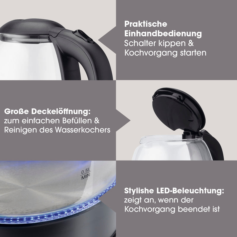 GOURMETmaxx Glas-Wasserkocher 1,7 l schwarz mit Einhandbedienung, großer Deckelöffnung und LED-Beleuchtung für sicheren Kochvorgang