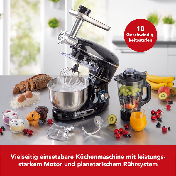 GOURMETmaxx Küchenmaschine 3in1 in Metallic Schwarz mit 1300W Motor, Edelstahlschüssel und 10 Geschwindigkeiten für vielseitiges Kochen.