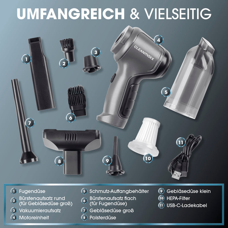 CLEANmaxx 3-in-1-Akkusauger - Saug-, Gebläse- & Vakuumierfunktion - 7 Aufsätze