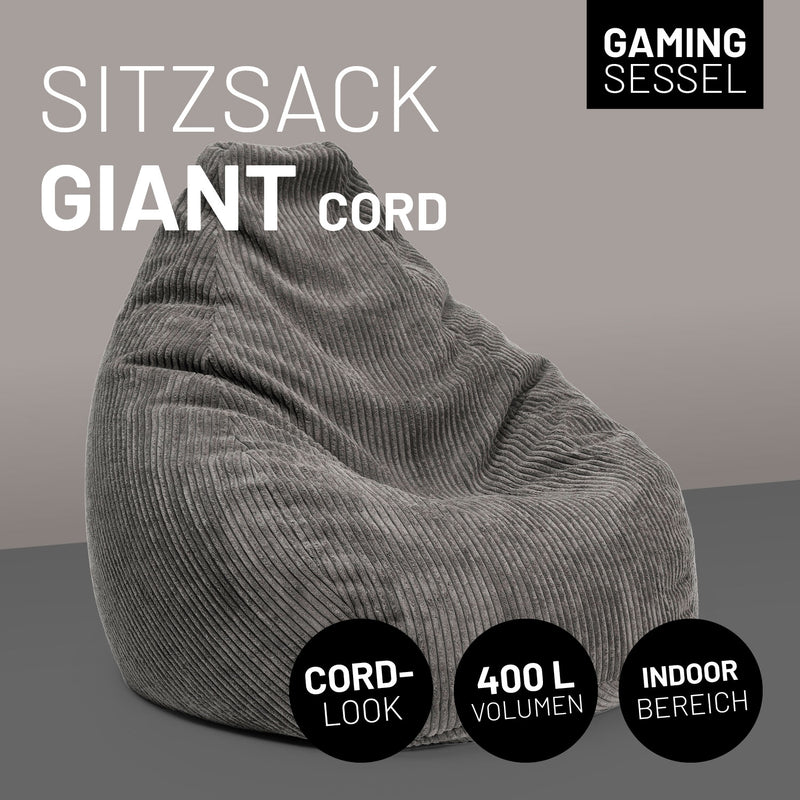 LUMALAND GIANT Cord Sitzsack mit stabiler Lehne - Grau