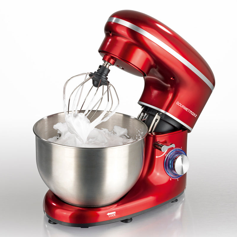 GOURMETmaxx Küchenmaschine rot mit 6 Geschwindigkeitsstufen, Turbofunktion, Edelstahl-Rührschüssel und Rühraufsatz.