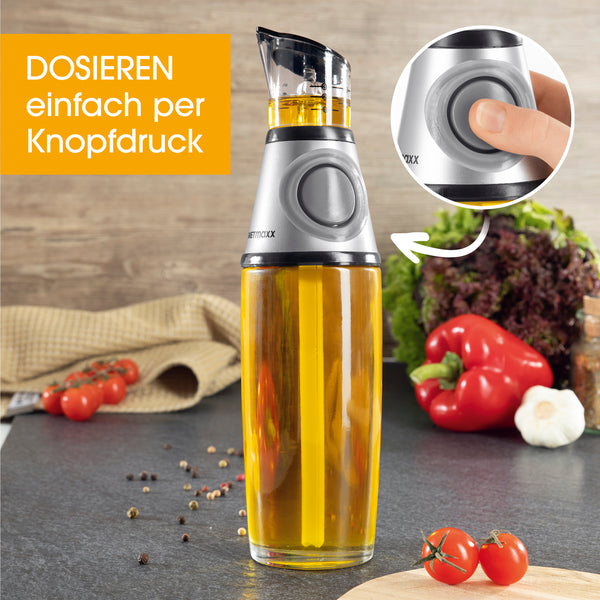 GOURMETmaxx Ölspender inkl. Dosierhilfe & Skala in Silber zum genauen Dosieren per Knopfdruck für Öl und Essig.