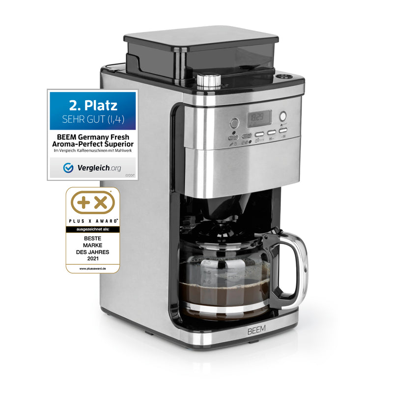 BEEM FRESH-AROMA-PERFECT SUPERIOR Filterkaffeemaschine mit Mahlwerk, 1,5 l Glaskanne und 28-stufiger Mahlgradeinstellung.