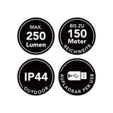 MAXXMEE Power-Taschenlampe 3,7V schwarz 1800mAh mit 250 Lumen, 150m Reichweite, IP44 Schutz und USB-Aufladung.