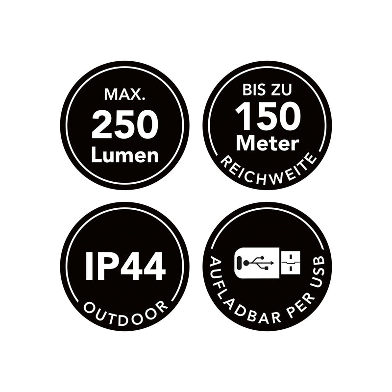 MAXXMEE Power-Taschenlampe 3,7V schwarz 1800mAh mit 250 Lumen, 150m Reichweite, IP44 Schutz und USB-Aufladung.