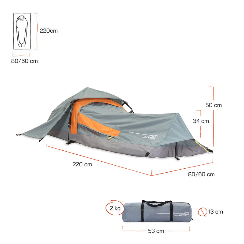 Where Tomorrow 1-Personen-Zelt - Rechteck - 220x80x50 cm - Grau