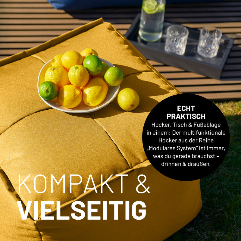 LUMALAND Sitzsack-Hocker Senfgelb, vielseitig als Hocker, Tisch & Fußablage, mit robustem, abwischbarem Bezug im modularen System.