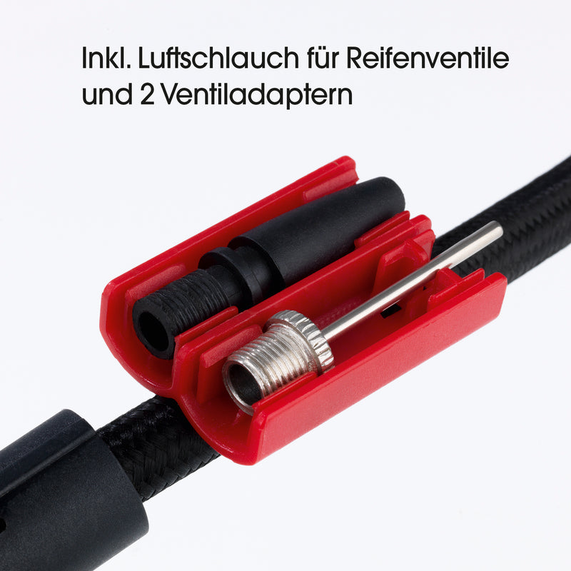 EASYmaxx Akku-Handkompressor mit LED-Beleuchtung - blau/schwarz, Luftschlauch und 2 Ventiladapter für Reifenventile.