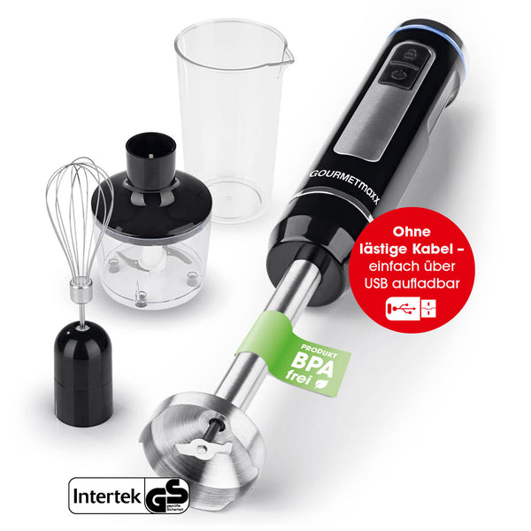 GOURMETmaxx Akku-Stabmixer - XL-Zubehör-Set kabellos mixen, pürieren, schlagen mit USB-Ladekabel und BPA-freiem Design.