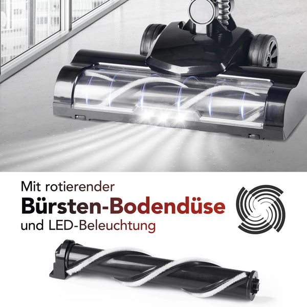 CLEANmaxx Akku-Zyklon-Staubsauger 22,2V kupferrot/schwarz mit elektrischer rotierender Bürsten-Bodendüse und LED-Beleuchtung.