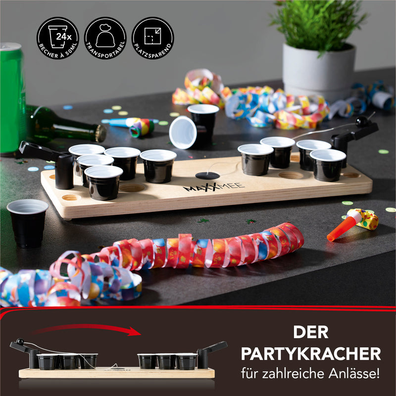 MAXXMEE Tischspiel Beer Pong mini mit Holzbrett, 24 Bechern und Abschussvorrichtungen für Partyspaß und Geschicklichkeitsspiel.