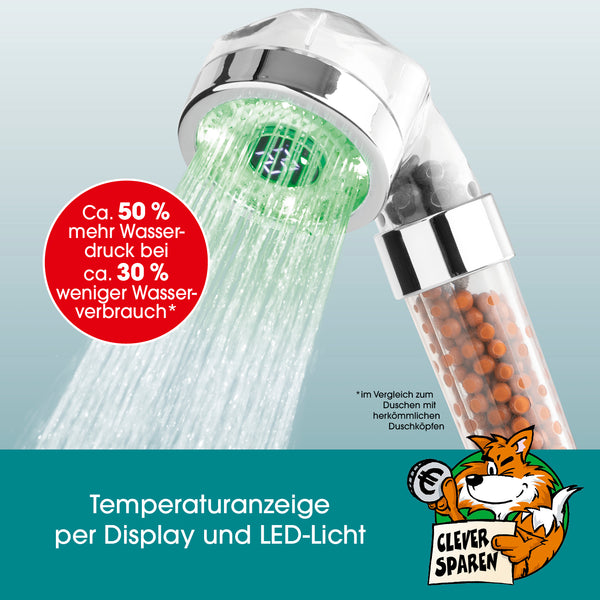 EASYmaxx Duschkopf LED-Farbwechsel 6cm mit Mineralkugeln, Temperaturanzeige per Display und LED-Licht, wasser- und drucksparend.