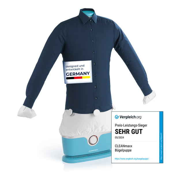 CLEANmaxx Hemdenbügler PRO für Oberbekleidung in Blau, automatisch trocknet und bügelt Hemden schnell und faltenfrei.