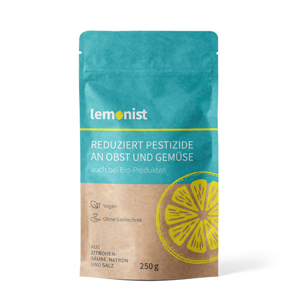 lemonist Pestizid-Reduzierer zur Reduktion von Pestiziden an Obst und Gemüse, vegan und ohne Gentechnik, 250 g Verpackung.