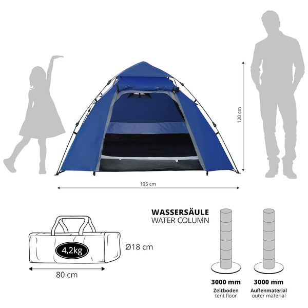 LUMALAND Pop Up Familienzelt Wurfzelt 3 Personen Zelt - 215 x 195 x 120 cm - Blau