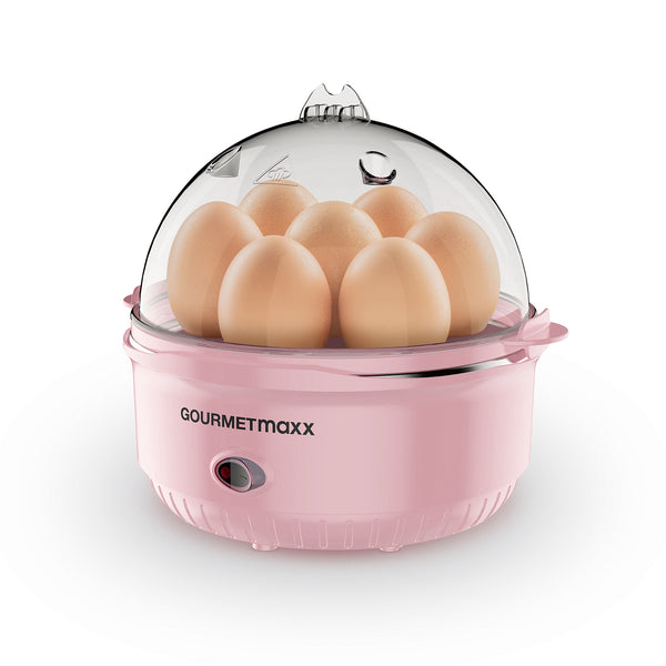 GOURMETmaxx Eierkocher für 7 Eier in Rose mit transparentem Deckel, Dampfauslassöffnung und einfachem Härtegrad-Einstellmechanismus.